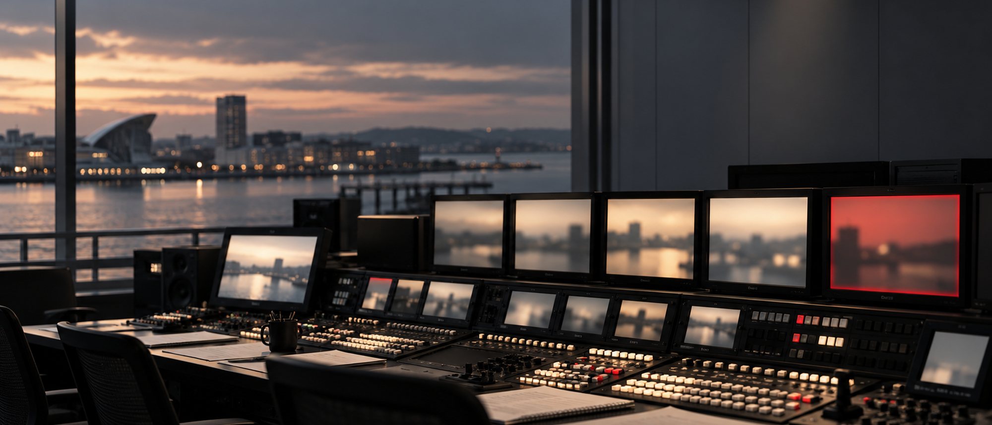 A production gallery at dusk: a mixer desk, a bank of preview monitors and one source on transmission.