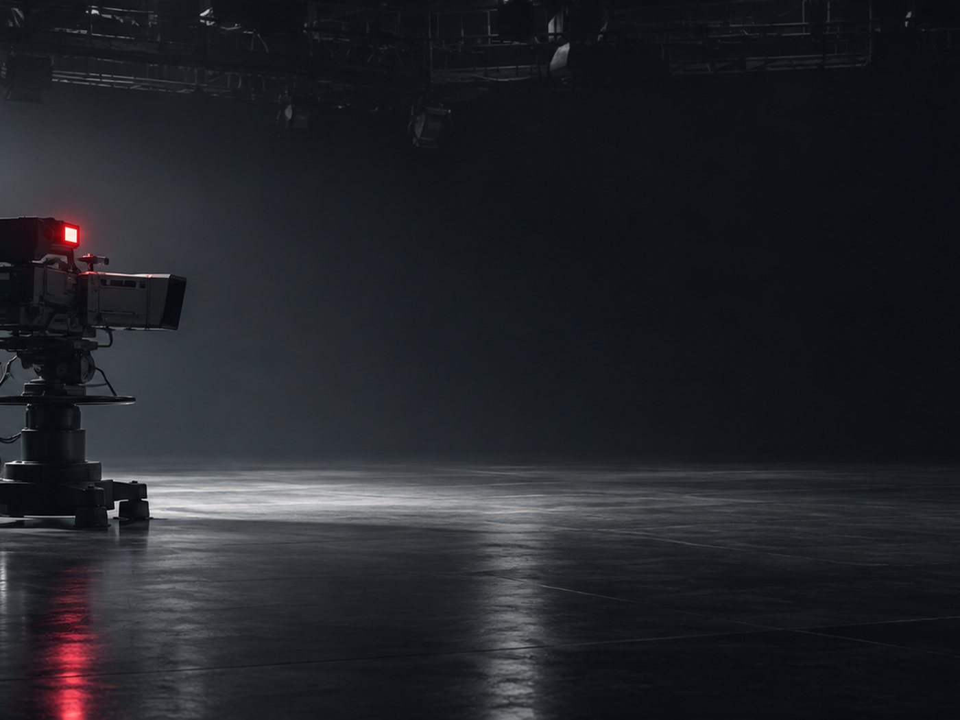 A broadcast camera on a pedestal standing in an empty studio under a single pool of light.